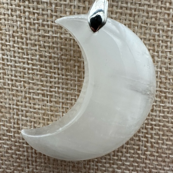 Selenite Crescent Moon Pendant on Black Satin Rope - Picture 4 of 8